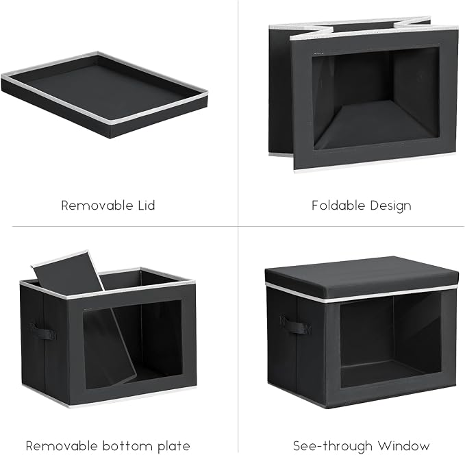 Homsorout Storage Bins with Lids - Small Fabric Organizers with Window, Collapsible Storage Bins for Clothes, Decorative Closet Organizers for Towels, Tshirt, 4 Pack, Black