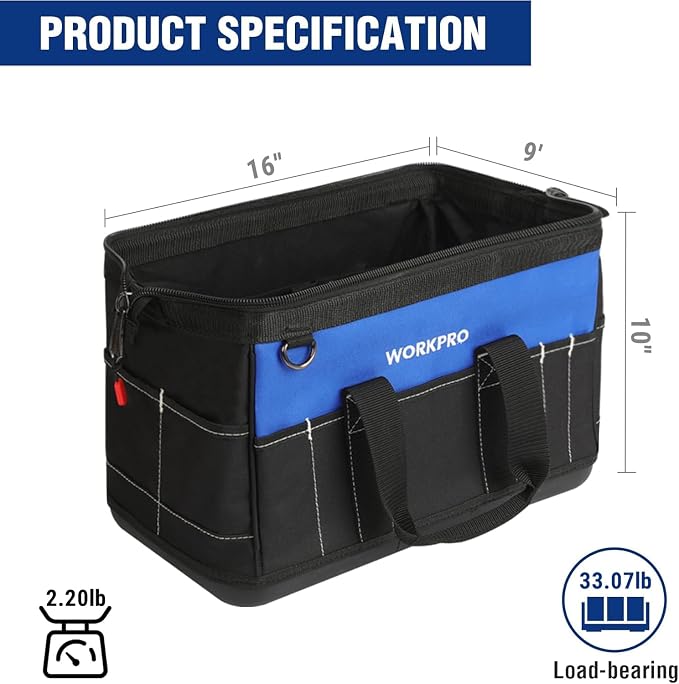 WORKPRO 16-inch Wide Mouth Tool Bag with Water Proof Molded Base | Multi-Pocket, Heavy Duty Cloth, Adjustable Shoulder Strap, Double-pull Zipper, For Workshops, Outdoor Projects