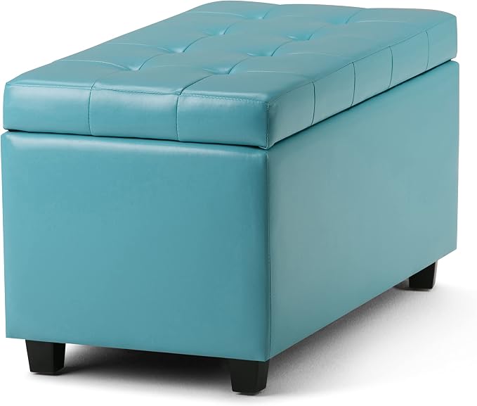 SIMPLIHOME Dover 36" Wide Vegan Leather Storage Ottoman in Grey | Transitional storage ottoman with tufting and lift-up lid; rectangle storage bench for living room or entryway.
