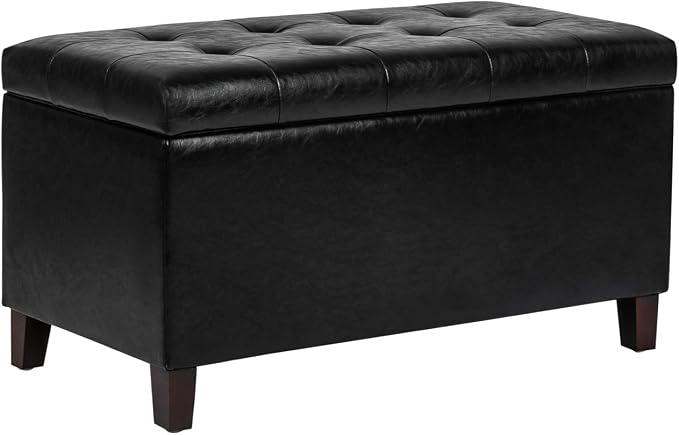 Storage Ottoman Bench, 33" Faux Leather Upholstered End of Bed Bench with Safety Hinge,Wooden Legs,for Entryway Bedroom Living Room,Black