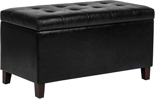 Storage Ottoman Bench, 33" Faux Leather Upholstered End of Bed Bench with Safety Hinge,Wooden Legs,for Entryway Bedroom Living Room,Black