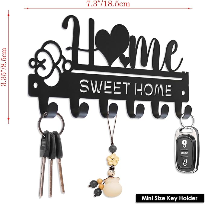 “Home Sweet Home”Key Holder wall Mount(Mini Size:7.3x3.35inches) | Simple Metal Decorative Key Hooks Rack for Entryway Front Door Hallway Garage Office