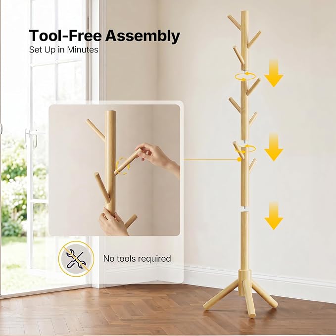 AMADA Solid Wooden Coat Rack Freestanding with 8 Hooks, Natural | 100% solid wood, 3 height options, widened base for stability, tool-free assembly, smooth rods & hooks prevent clothing snags