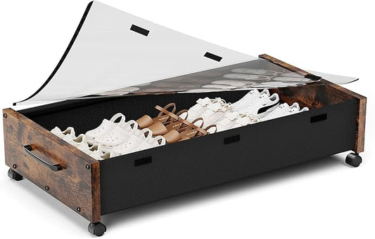 KITHELP Wooden Under Bed Storage with Wheels, Rolling Under the Bed Storage Bins with Removable Lid, Metal Under Bed Drawers for Clothes and Shoes in Bedroom or Living Room(Vintage Brown-1pack)