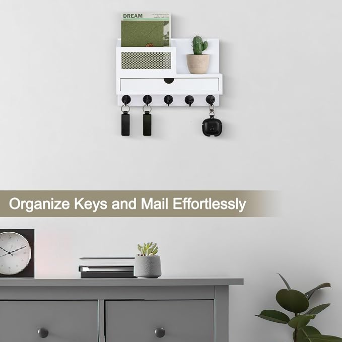 Key Holder Wall Mount, Key Holder for Wall with 5 Key Hooks and Storage Drawer Mail Organizer for Entryway Living Room Farmhouse Home Decor