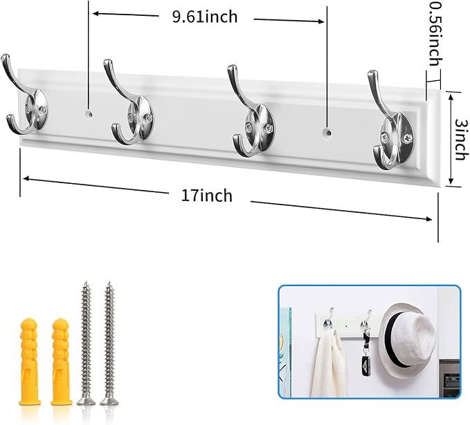 Coat Rack Wall Mounted White, 17" Wooden Modern Wall Coat Hanger with 4 Hooks, Heavy Duty Zinc Alloy Wall Hook Rack for Hanging Coats, Keys, Bags, Great Touch for Bedroom Bathroom Kitchen | 17"