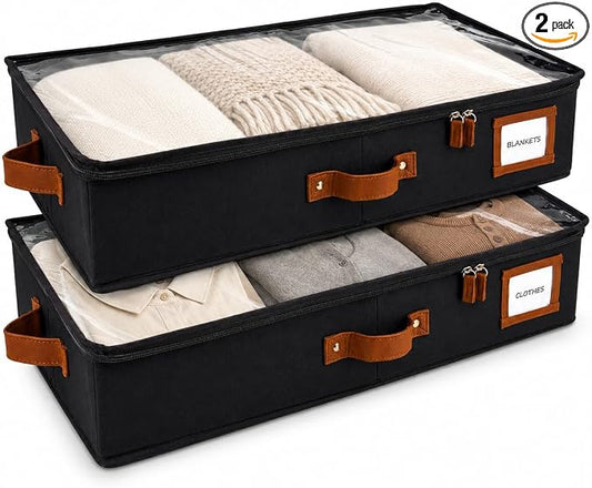 2pc Under Bed Storage Containers, Bedroom Under the Bed Drawer Storage Organizer with Bins and Lids, Medium Underbed Clothes Storage Box Ideal for Blanket, Fabric, & Shoes (Black)