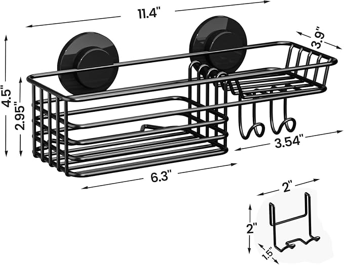 LEVERLOC Suction Cup Shower Caddy, Bathroom Shelf With Hook & Soap Holder | Black Shower Caddies, Soap Holder, No Drill Bathroom Caddy, Heavy Duty Shower Organizer, Removable Bathroom Shelf