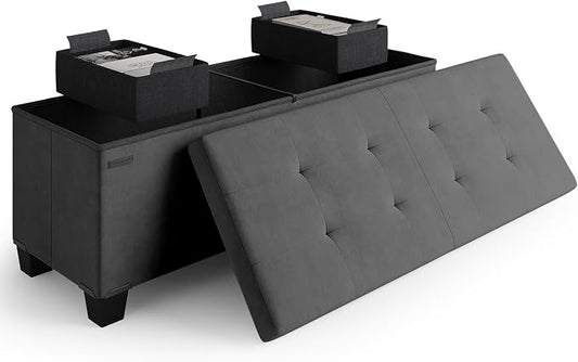 Storage Ottoman Bench with Bins, 43-in Storage Bench for Bedroom End of Bed, Folding Foot Rest Ottoman for Living Room Max 660lbs, Velvet Ottomans, Grey