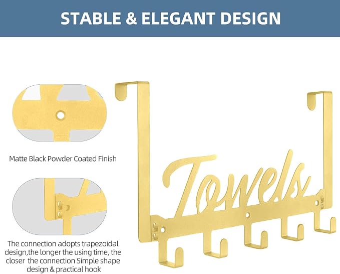 Azmoncy 2 Pack Over The Door Hooks, Towel Rack for Bathroom Towel Holder for Hanging Heavy Duty, Wall Mount Towel Hanger with 10 Hooks for Bedroom Bathroom Kitchen Towels, Bag, Coats(Gold)