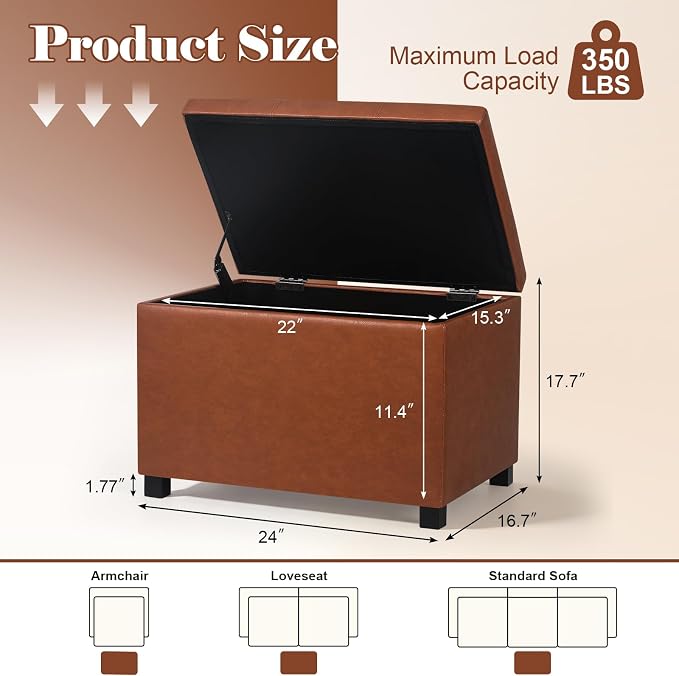 24" Leather Storage Ottoman Bench, Rectangle Foot Rest Stool for Living Room, Bedroom, Entryway, Cognac Brown