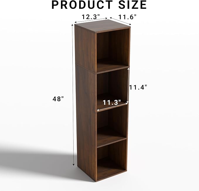 4Cube Storage Organizer, 4 Tier Cube Low Bookcase Freestanding Storage Display Organizer, Three-Cubes Open Shelf Bookshelf for Home Office (Dark Brown,Black Walnut, 4-Cube)