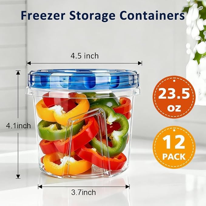 12 Pack 23.5 oz Reusable Freezer Storage Containers with Twist Top Lids Airtight, Leakproof Plastic Soup Freezer Container, Food Storage Containers for Meal Prep Leftover Fruit Microwave Freezer Safe
