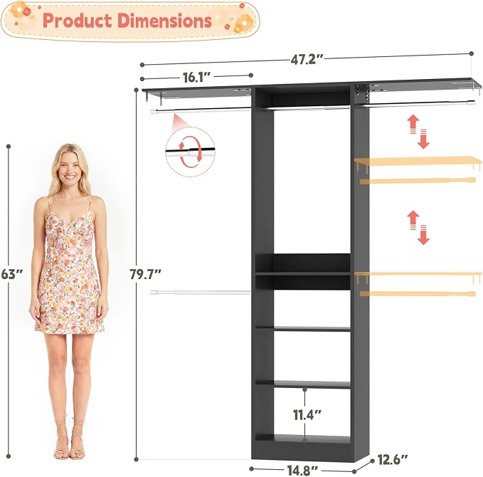 48" Small Closet System, Space-Saving Wall-Mounted Wardrobe Organizer, Mini Garment Rack for Narrow Spaces, Morning Outfit Prep Station & Nursery Dress-up Storage, Black