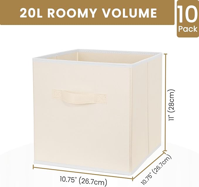 Criusia Storage Cubes, 11 Inch Clothes Storage Bins with Dual Handles (10 Pack), Fabric Collapsible Storage Bins for Shelves Closet, Cubby Organizer Bins for Clothing Toys Blanket Magazines (Beige)