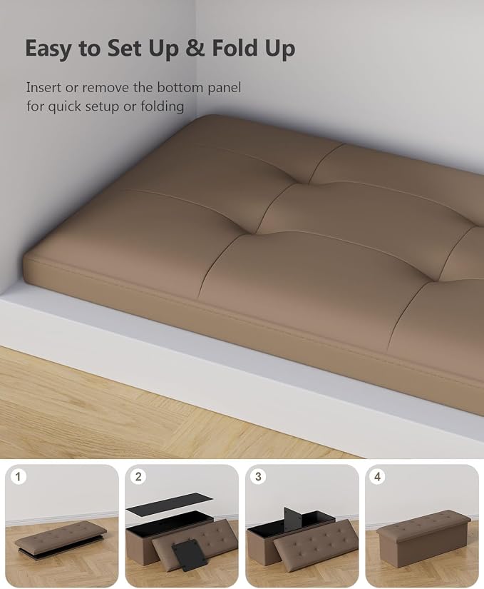 Folding Storage Ottoman Bench, Brown, 43 Inches | Multi-Functional Ottoman Foot Rest, End of Bed Bench, Storage Chest, Living Room, Bedroom, Hallway, Entryway, 600 lb Capacity