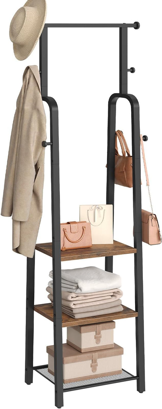 MAHANCRIS Coat Rack Freestanding, Hall Tree with 3-Shelves and 8 Hooks, Industrial Clothes Rack Stand Organizer for Entryway, Bedroom, Bags, Hats, Scarves, Rustic Brown and Black CRHR14901