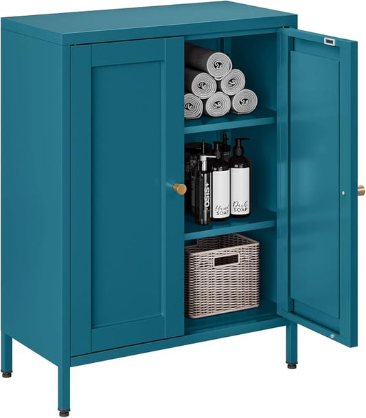 Bevivog Bathroom Floor Storage Cabinet,Metal Locker Cabinet with 2 Doors and 2 Adjustable Shelves,Modern Small Accent Cabinets for Entryway,Living Room,Hallway