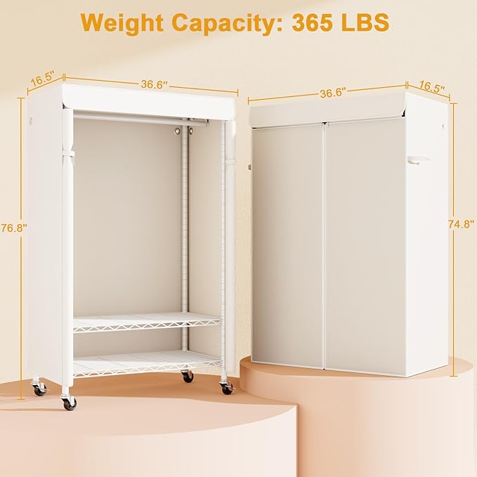 P6C Rolling Clothes Rack with Cover, 3-Tier Covered Clothing Rack | Portable Closets for Hanging Clothes, Heavy Duty Garment Rack on Wheels, White Closet Rack with White Cover, Max Load 365LBS