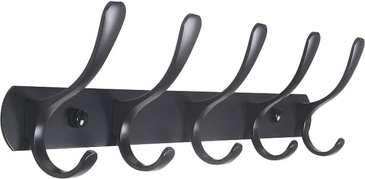 SKOLOO Coat Rack Wall Mount - Modern, Metal Wall Coat Rack with 5 Hooks, Sturdy Wall Mounted Coat Hooks for Hanging Coat, Jacket, Clothes, Hat, Matte Black