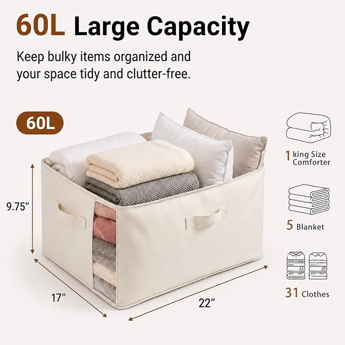 6Pack Canvas Storage Bags for Clothes & Comforters with Clear Window, Beige | 60L Large Capacity, Cotton Linen Fabric, Reinforced Handles, Foldable Design for King Comforters, Clothes and Blanket Storage