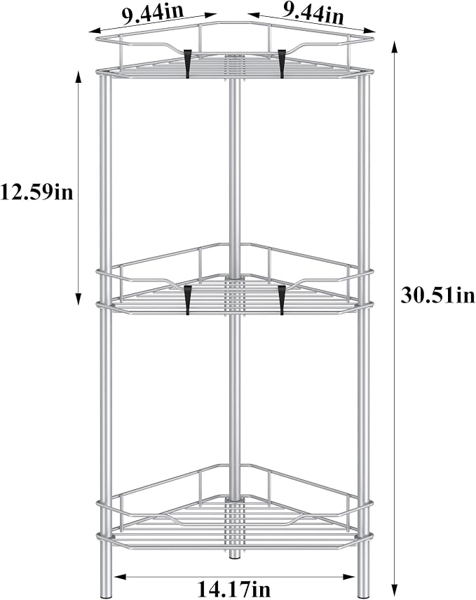 HuggieGems 3 Tier Floor Standing Corner Shower Caddy Organizer Shelf with Hooks, Bathroom Shelves Stand Rack, Silver