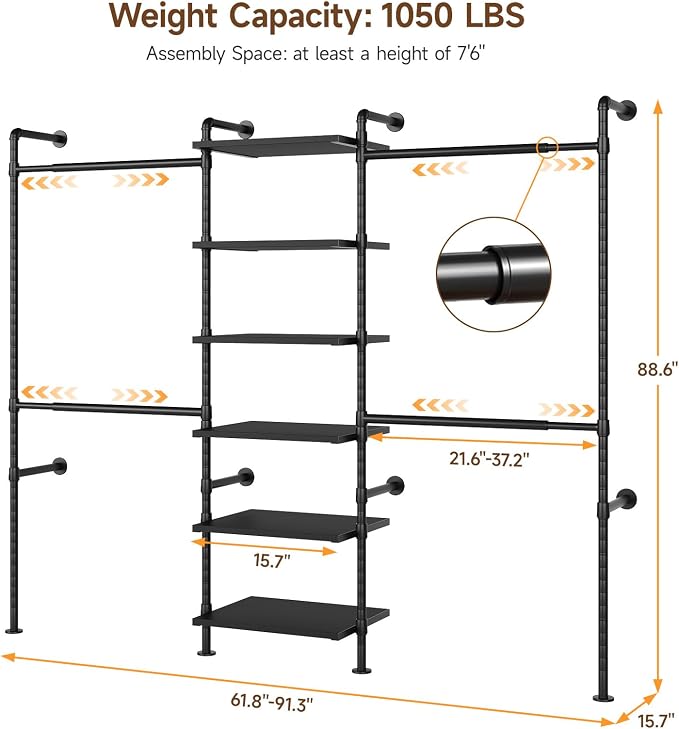 T1 Wall Mounted Closet System, Industrial Pipe Clothing Rack with 6 Wooden Shelves & 4 Telescopic Rods, Heavy Duty Closet Organizers and Storage in Wardrobe Closet (Black)