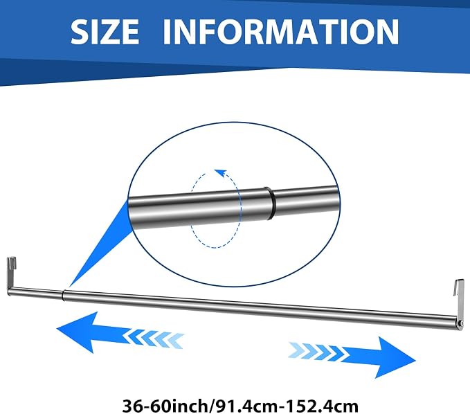 Expandable Closet Rod for Wire Shelf Hanging Clothes Adjustable Heavy Duty Closet Hanging Rod Extender Heavy Duty Hanger Bar Metal Poles for Wardrobes Hanger, 1 Pack(36-60 Inch,Silver)