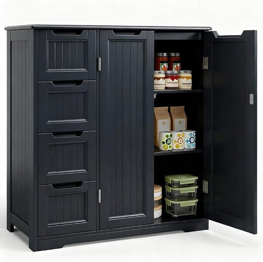 Gizoon Wooden Bathroom Floor Cabinet, Side Storage Organizer Cabinet | Bathroom Storage Cabinet with 4 Drawers & 2 Doors, Adjustable Shelf, Anti-tipping, for Entryway, Living/Dining Room, Black