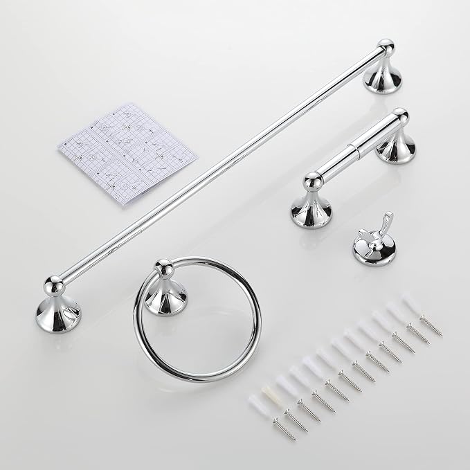 BGL Bathroom Hardware Set, Chrome Adjustable Expandable Towel Bar 4-Piece Bathroom Accessory Set Wall Mounted Robe Hook Toilet Paper Holder Towel Ring Towel Bar