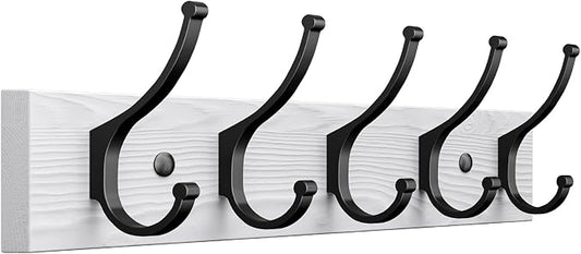 Optish 1 Pack Wooden Coat Rack Wall Mount, 16.1" Rustic Coat Hanger Hooks with 5 Double Hooks, Wall Coat Rack for Hat, Clothes, Bags, Jacket, White