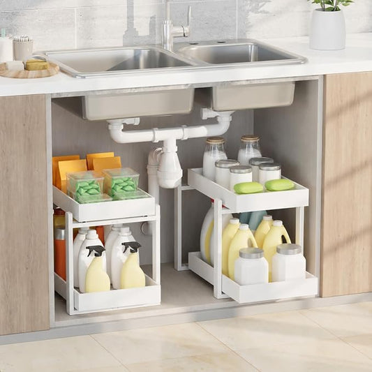 APRTAT 2 Pack Bamboo Under Sink Organizer, 2-Tier Pull Out Storage Drawers | Smooth pull-out drawers keep cleaners and tall bottles visible, organized and easy to reach in kitchen or bathroom cabinets