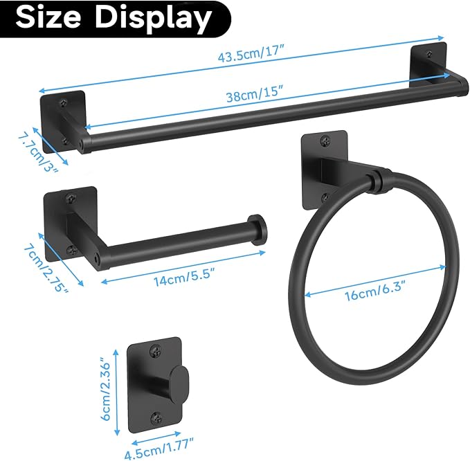 KLJKPA Black Bathroom Accessories Set, 4-Piece Bathroom Hardware Set | 16 inch Towel Bar, Towel Racks for Bathroom, Robe Towel Hooks, Toilet Paper Holder Wall Mounted