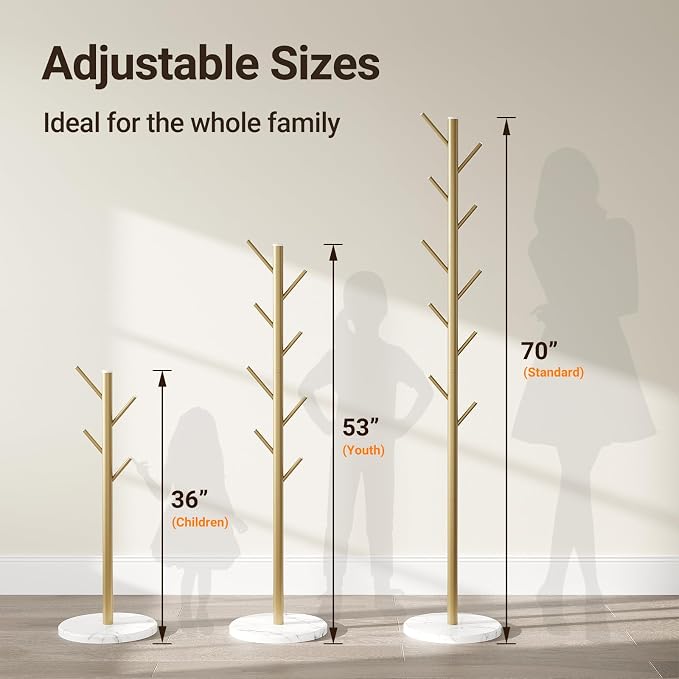 Coat Rack Freestanding, Metal Coat Rack with Natural Marble Base, Gold | 10 Hooks, 3 Adjustable Heights, Heavy Duty Coat Tree for Bags, Clothes, and Hats for Entryway, Bedroom, Hallway, Office