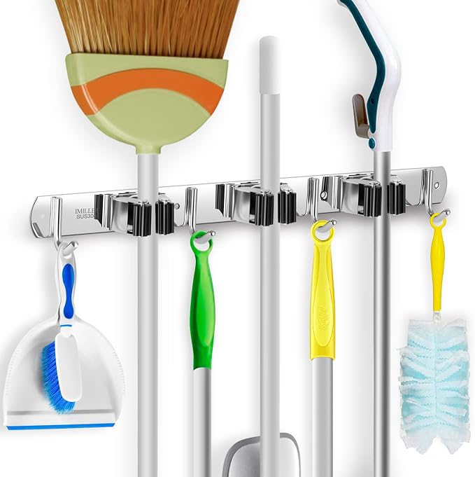 IMILLET Broom Holder Wall Mount Stainless Steel Mop Organizer | 5 Racks 4 Hooks Heavy Duty Garage Organization Storage,Broom and Mop Organizer Wall Hanging Self Adhesive for Laundry Room