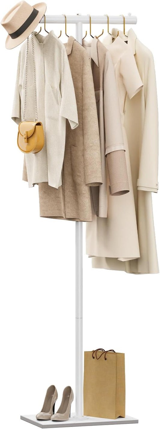 OUTBROS Freestanding Coat Rack, 68.9" High Small Clothes Rack, White | Coat Tree with Rock Base, T Shaped Clothe Rack, Coat Hanger Stand Suitable for Bedroom, Hallway, Entrance