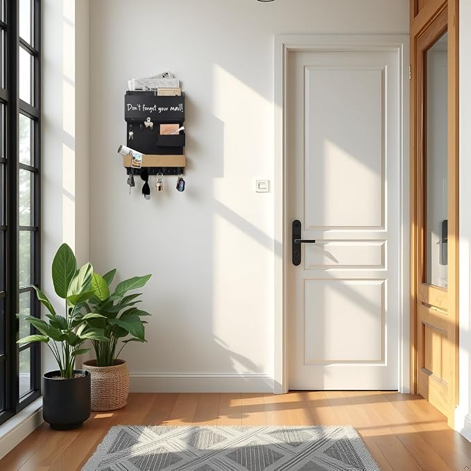 Mail Organizer Wall Mount，Key Holder Mail and Key Organizer for Wall with Shelf, Chalkboard, Corkboard, Home Decor for Room Office Entryway(Midnight Black)