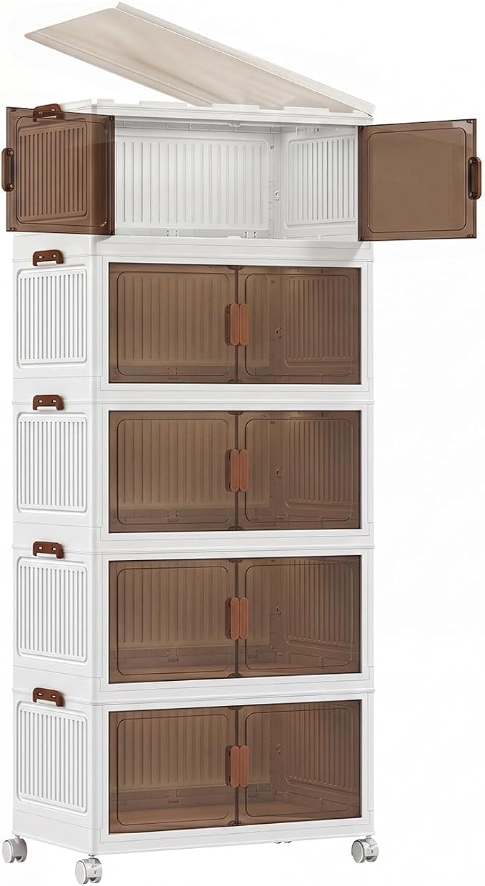 120QT Stackable Storage Bins With Lids, Collapsible Plastic Storage Bins with Wheels and Doors, Foldable Plastic Cabinets for Bedroom Dorm Garage Office Kitchen, 5 Pack