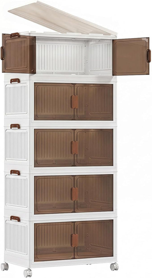 120QT Stackable Storage Bins With Lids, Collapsible Plastic Storage Bins with Wheels and Doors, Foldable Plastic Cabinets for Bedroom Dorm Garage Office Kitchen, 5 Pack