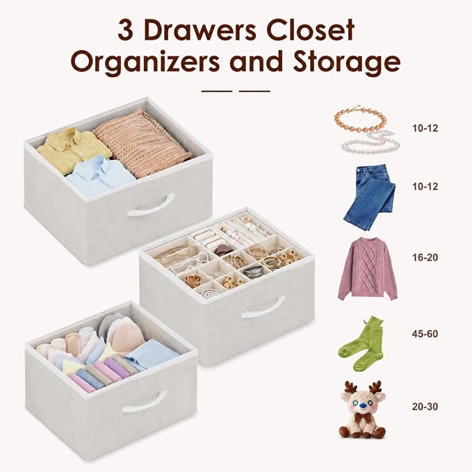 Hongtamoya Closet Organizers and Storage, Adjustable Shelves,3 Drawer White | Closet Organizer Drawer Dresser for Closet, Clothes Shelves with 5-Level Height Adjustment, Shoe Rack for Wardrobe(43.77 in)