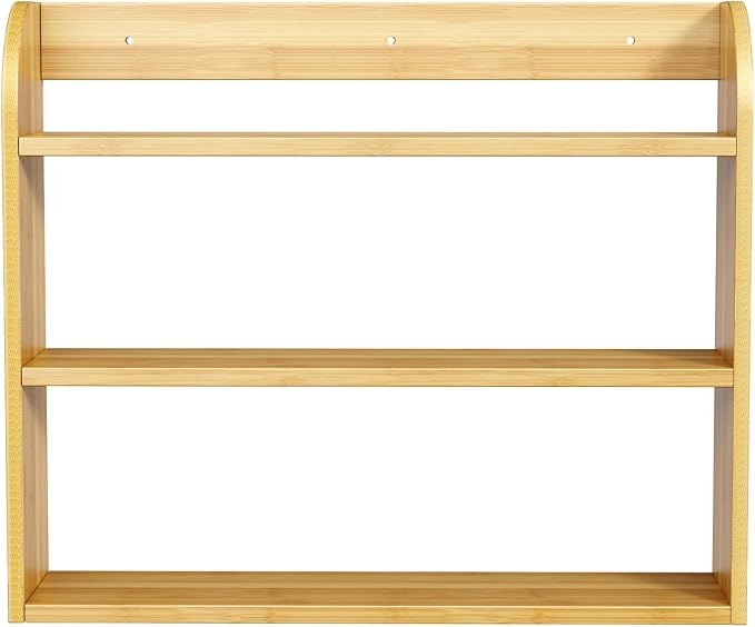 ROMGUAR CRAFT 3 Tier Long Bamboo Spice Rack, Countertop or Wall Mounting Wood Spice Jars Organizer Shelf for Kitche, Pantry (Natural)