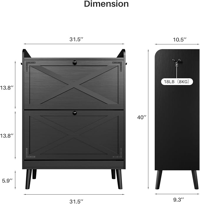 YZ HOME Shoe Storage Cabinet with 2 Flip Drawers | Entryway Shoe Cabinet, Metal Hooks & Adjustable Shelves, Freestanding Narrow Shoe Rack for Hallway Foyer, Black
