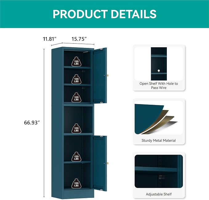 67" Tall Narrow Storage Cabinet with Doors and Open Shelf,Metal Pantry Cabinet,Shaker Style Slim Cabinet with Adjustable Shelves,for Bathroom Kitchen Laundry Small Spaces,Blue, 1Pc
