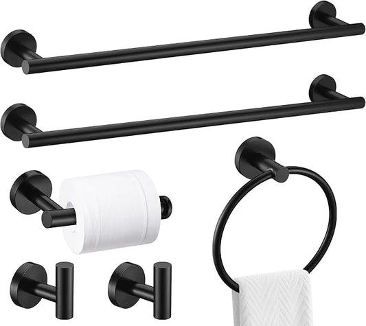 6 Pieces Matte Black Bathroom Hardware Accessories Set, SUS304 Stainless Steel 24 Inch Bath Towel Bar Set, Round Bathroom Towel Holder Set, Towel Racks for Bathroom Wall Mounted