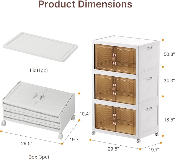 UAMFURI Stackable Storage Bins with Lids, 1080QT Lockable Storage Cabinet | Folding Storage Box with Doors and Wheels, Collapsible Plastic Drawers for Home, Garage, Office