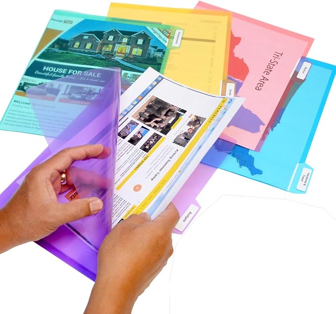 Ultimate Office PocketFile Clear Document Folders, 5th-Cut, Set of 50 | Clear poly project pockets in 5 assorted colors; letter size; sort, color-code, and protect documents without punching