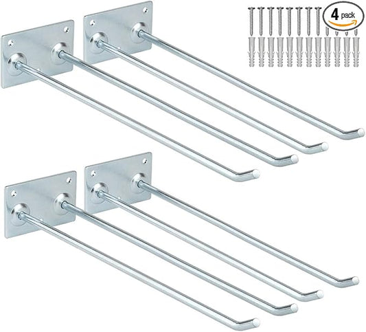 Wall Mounted Steel Long Handled Tools Storage Hooks, 12 Inch Steel Garage Utility Double Rack Organizing Ladders, Rakes, Hose, Shovel, Brooms, Max Capacity 55Lbs (Pack of 4)