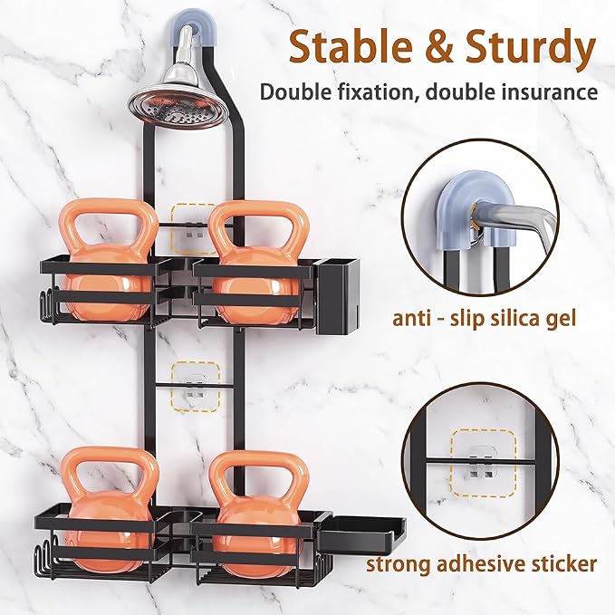Shower Caddy Hanging for Handheld Showerheads, Adjustable Shower Organizer | Rustproof Bathroom Shelf Fits Handheld & Fixed Shower Heads, 12 Hooks, Soap & Toothbrush Holder, No-Drill Installation, Black
