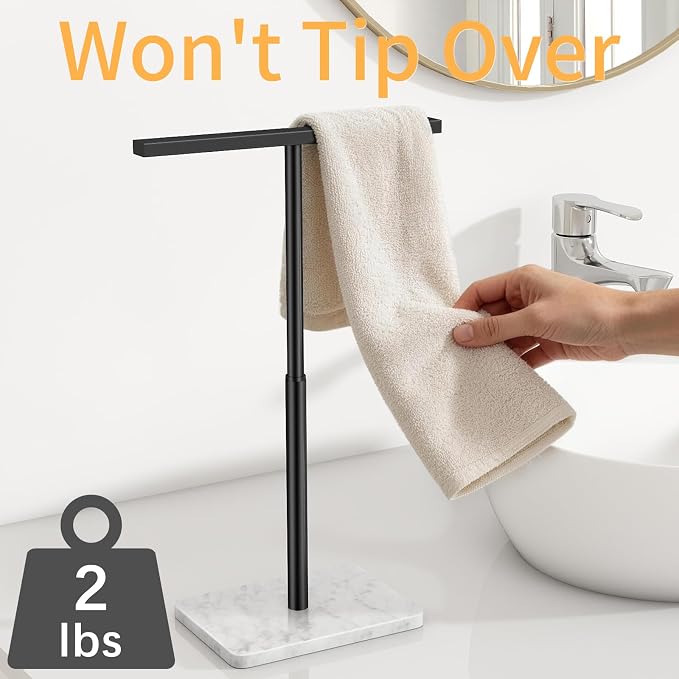 STWWO Hand Towel Holder for Bathroom, Towel Rack Stand Kitchen & Countertop 11~18.8IN Adjustable Retractable T-Shape, Marble Base Matte Black