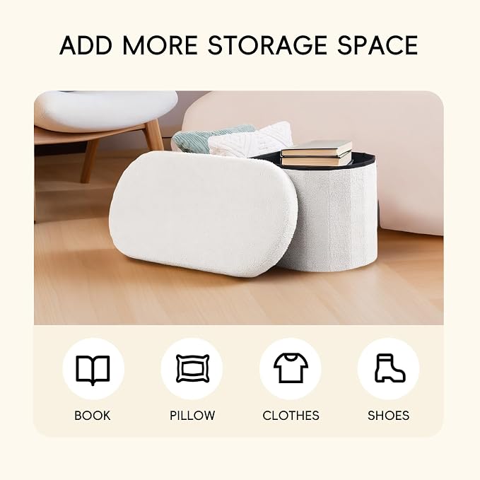PINPLUS Storage Ottoman Bench Tufted Oval with Storage for Living Room Boulce Foot Rest, Velvet Foot Rest 30"x15"x15" White